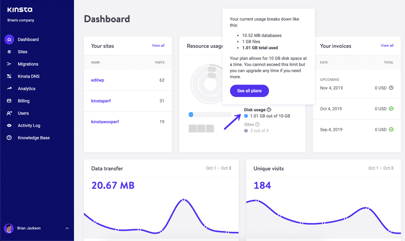 Uso total de espacio en disco en MyKinsta