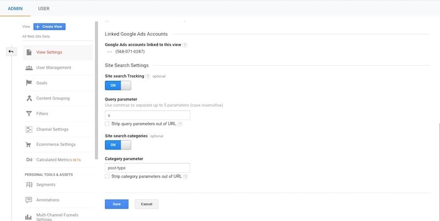 Activación del seguimiento de búsquedas en Google Analytics