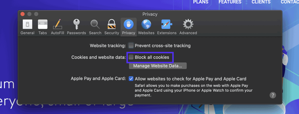 Asegúrate de que Safari no bloquea las cookies