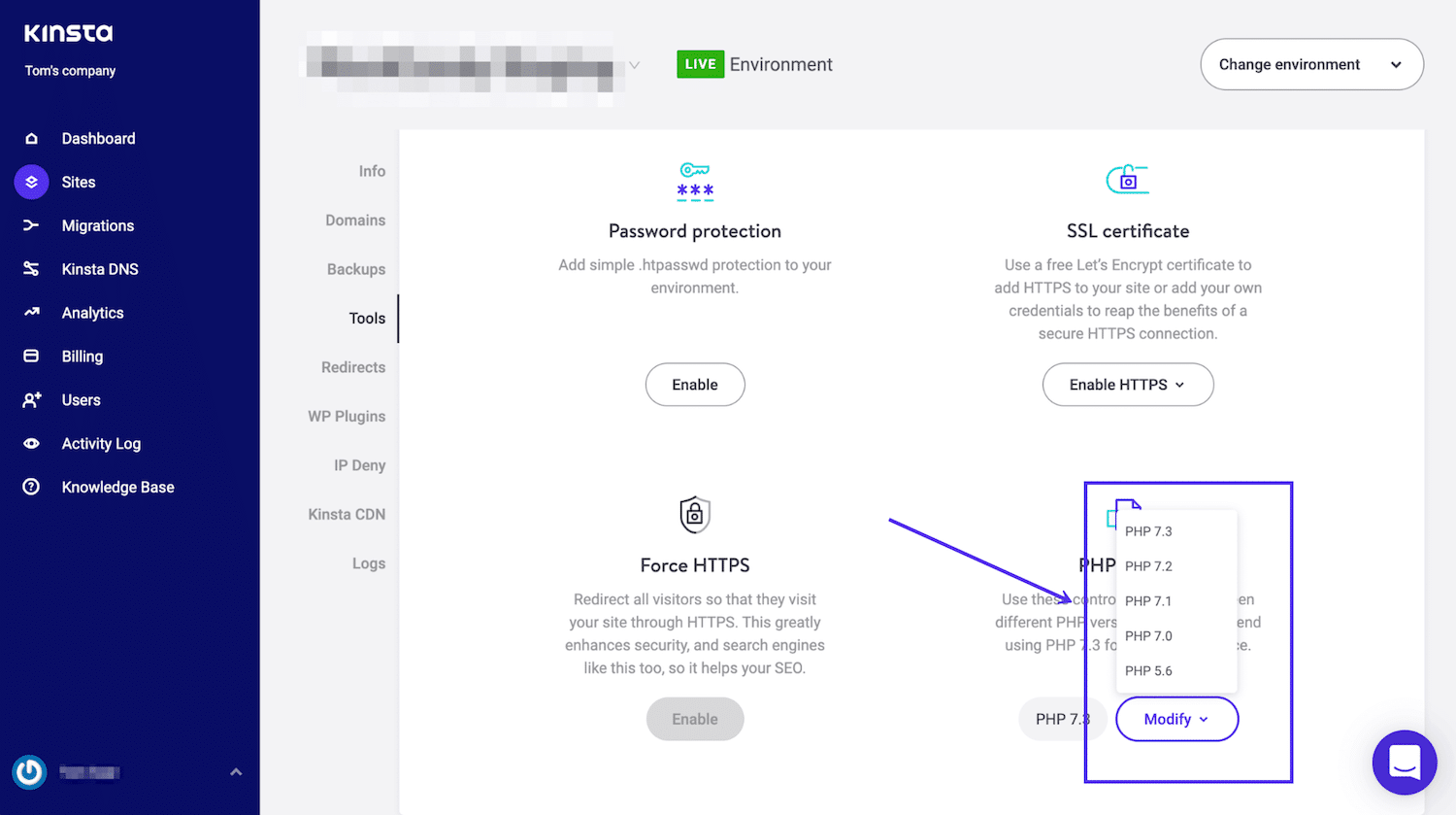 Cómo actualizar la versión PHP en MyKinsta
