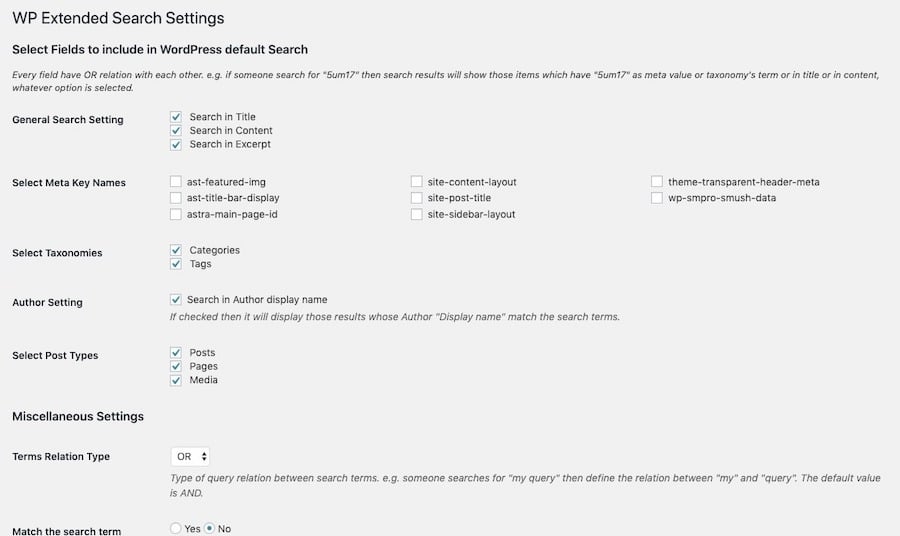 Configuración de WP Extended Search en WordPress