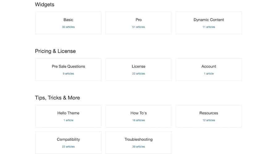 Elementor: temas y recuentos de artículos de la base de conocimientos