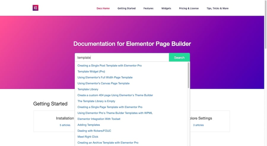 Elementor: búsqueda a través de la documentación para la "plantilla".