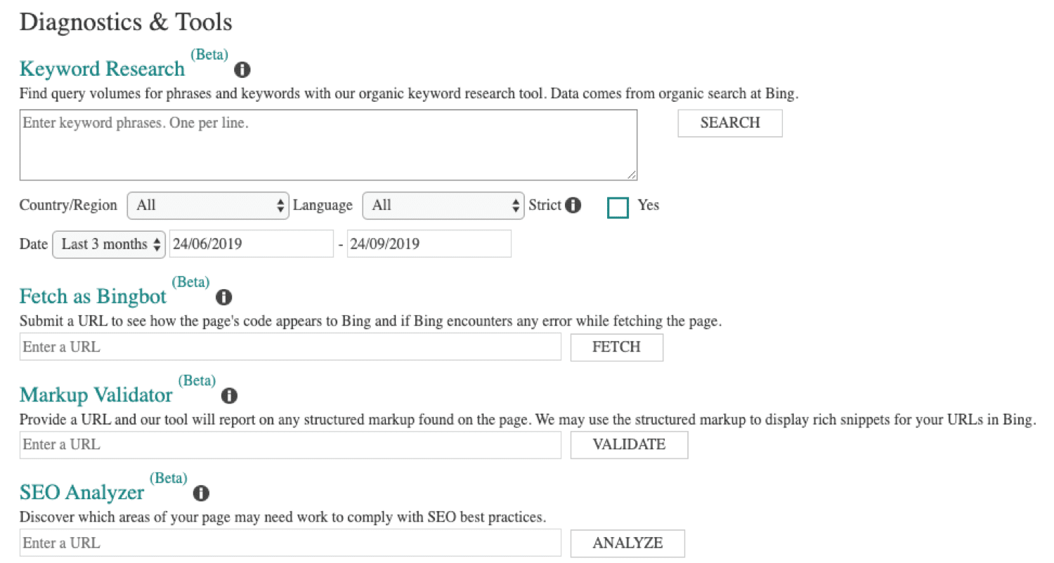 Herramientas de diagnóstico Bing