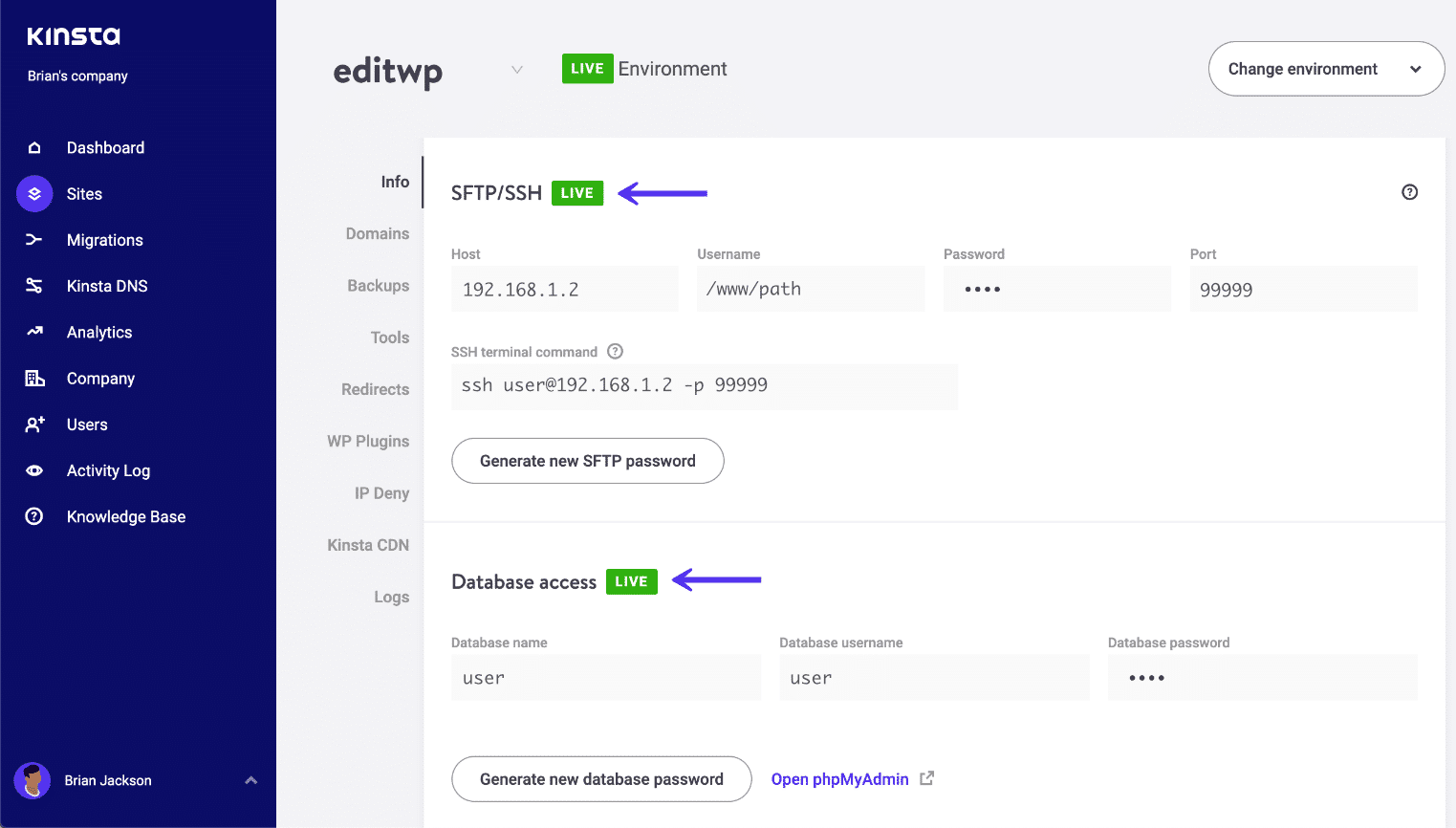 MyKinsta SFTP/SSH y base de datos