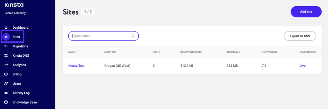 El tablero de mandos de MyKinsta