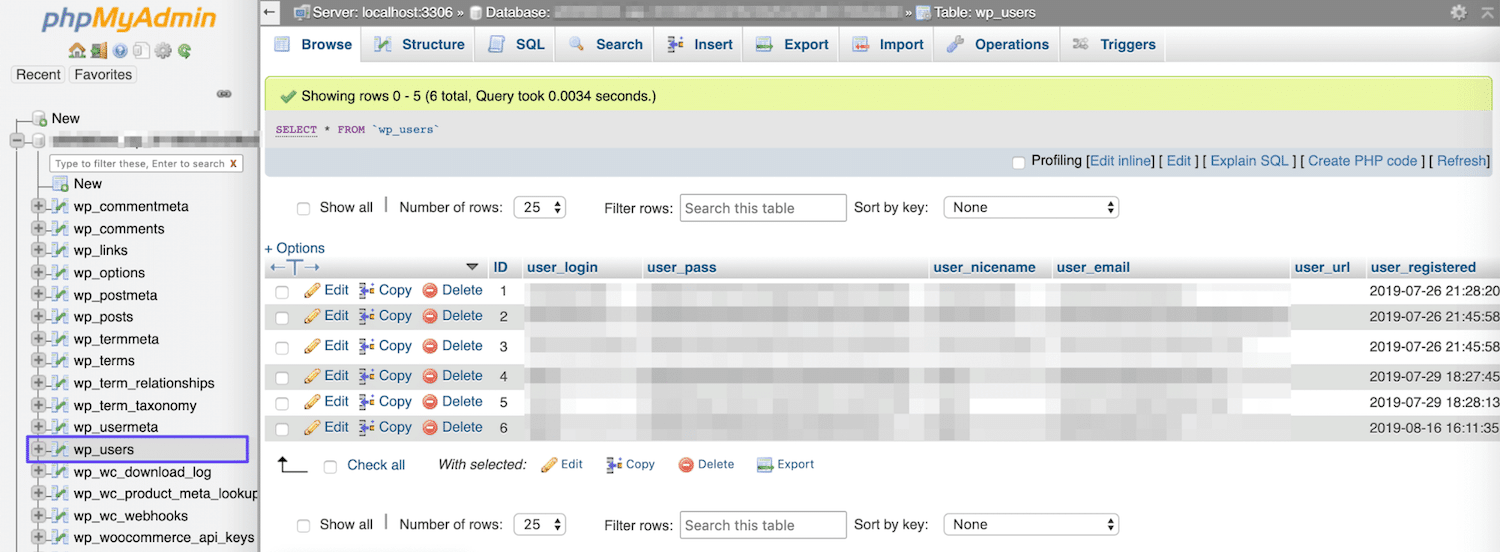 La tabla wp_users en phpMyAdmin