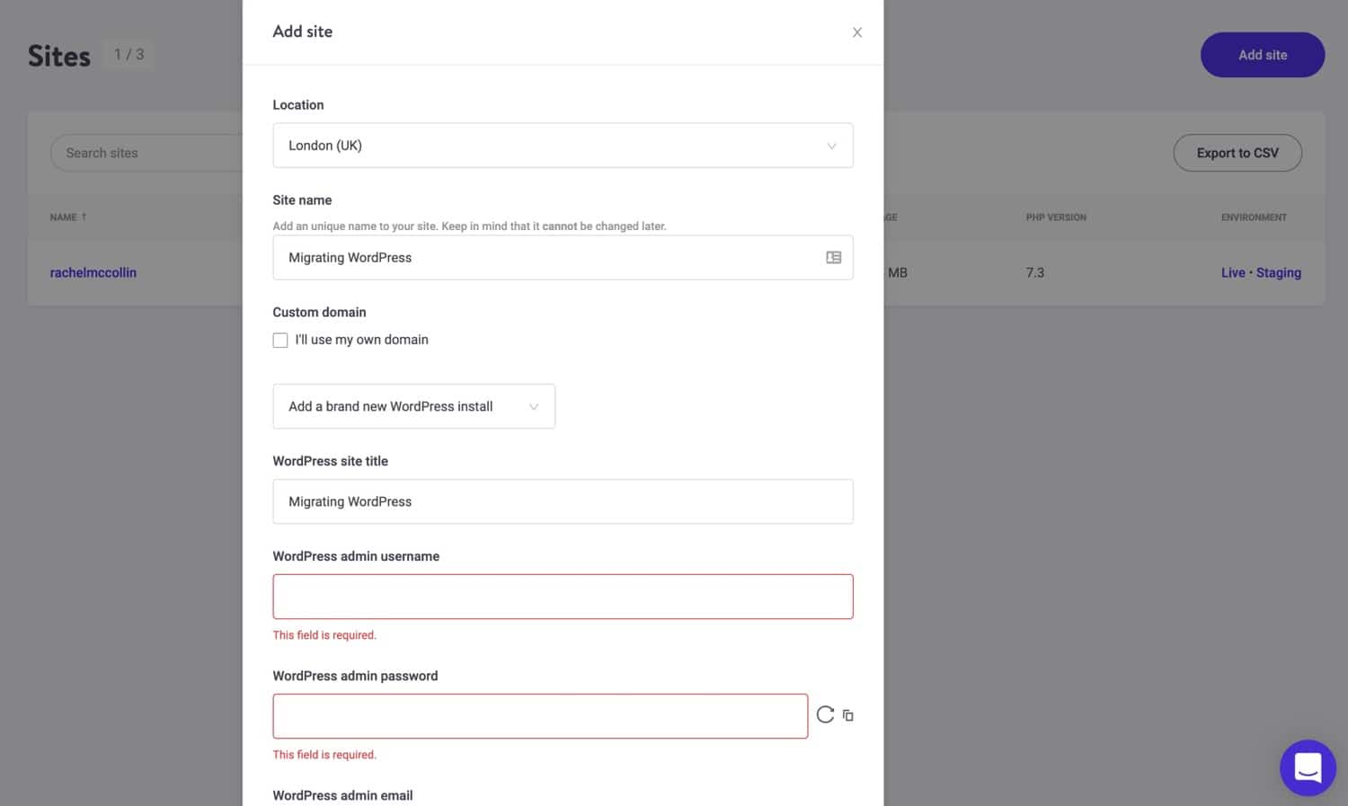 Nuevo sitio de WordPress en MyKinsta