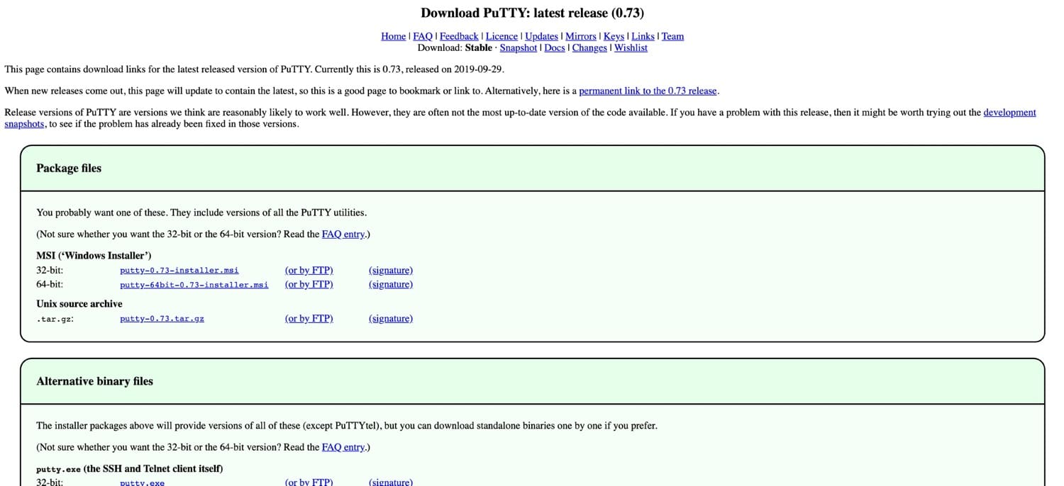 La página de descarga de PuTTY