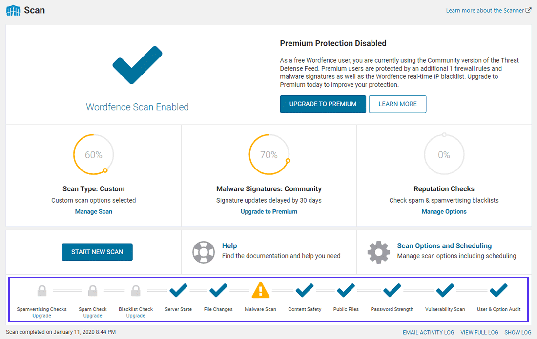 Administre la configuración del escáner de Wordfence desde aquí