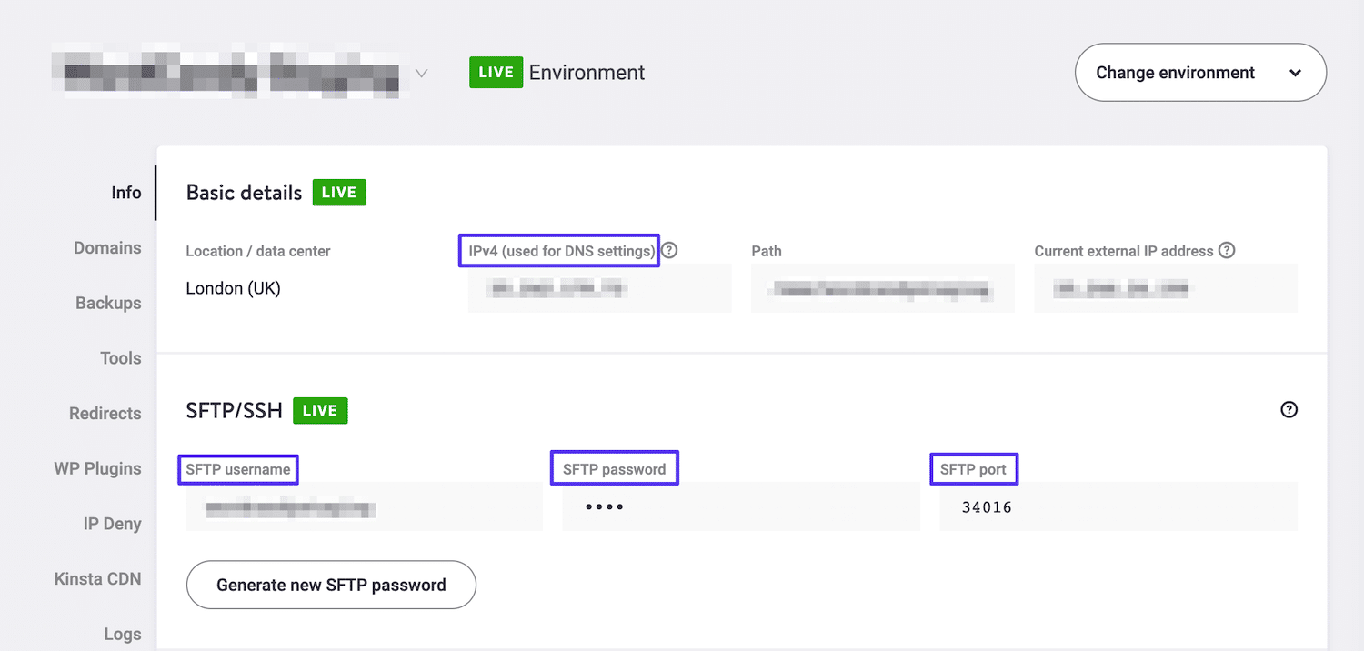 Acceso a las credenciales FTP del sitio en MyKinsta