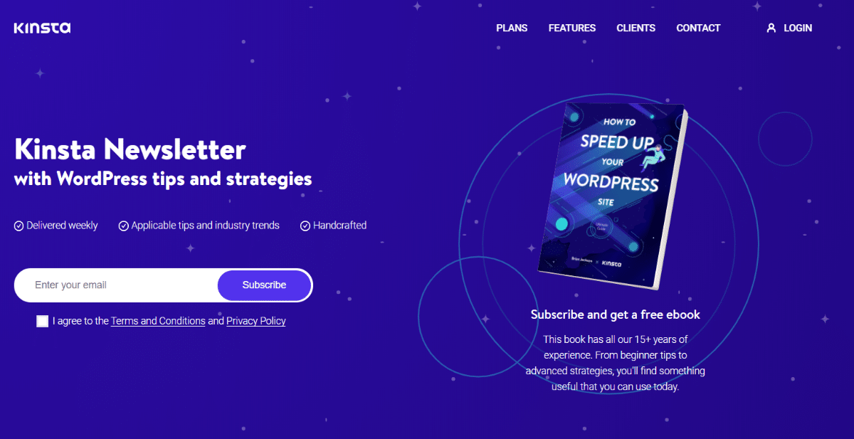 Página de aterrizaje del Boletín de Kinsta