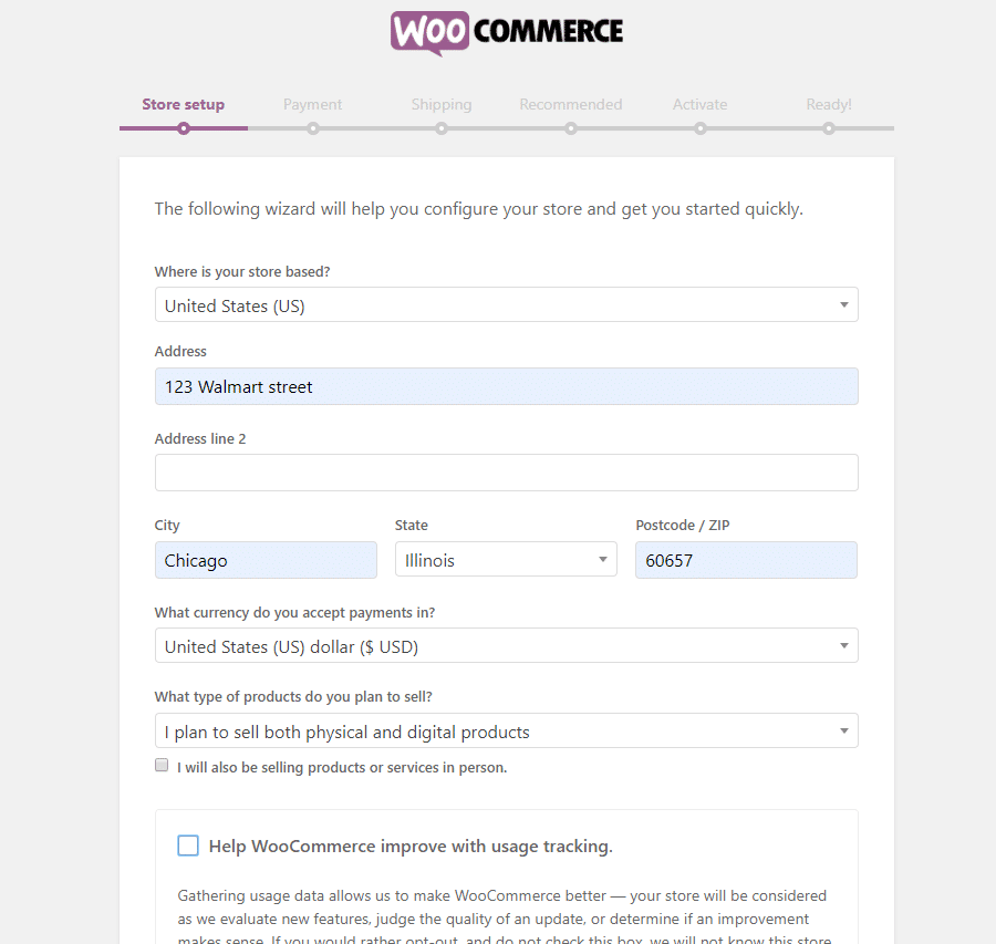 Página del asistente de WooCommerce