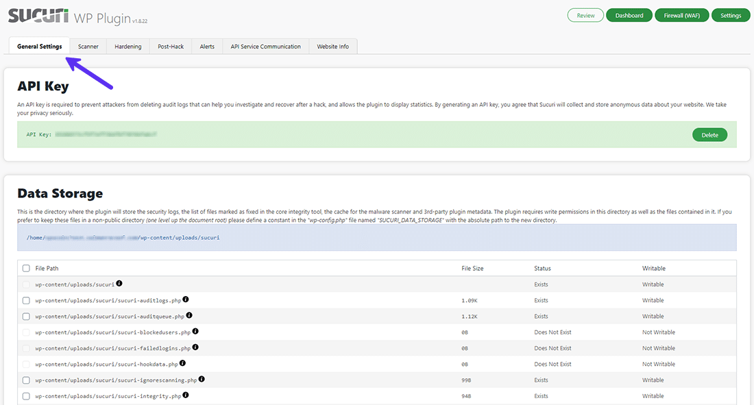 La pestaña de Configuración General en Sucuri Security