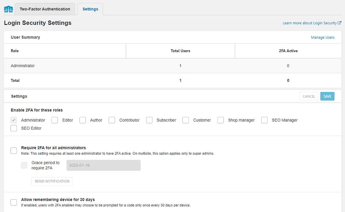 Pestaña de configuración de seguridad de inicio de sesión de Wordfence