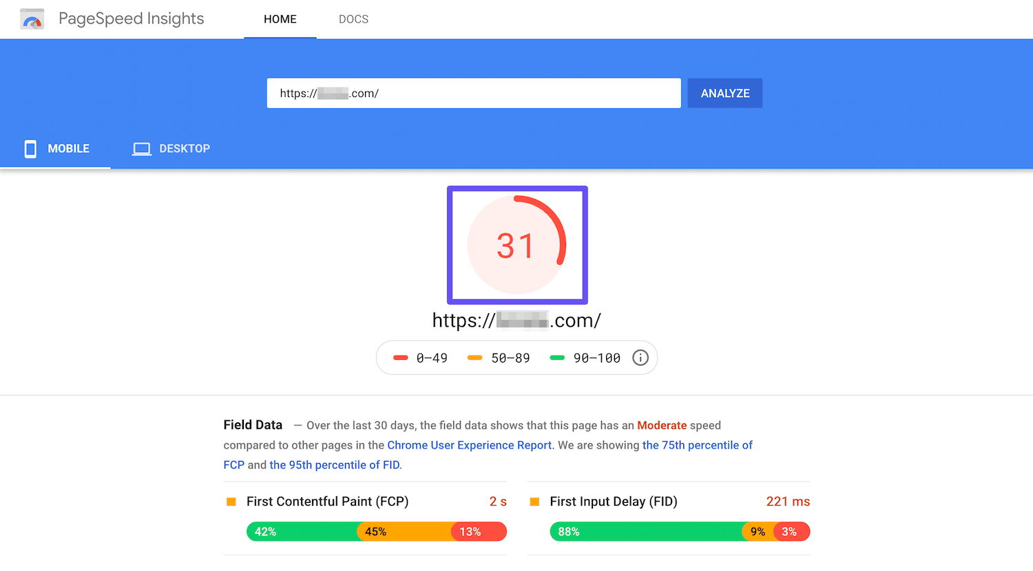 Puntuación de Google PageSpeed Insights