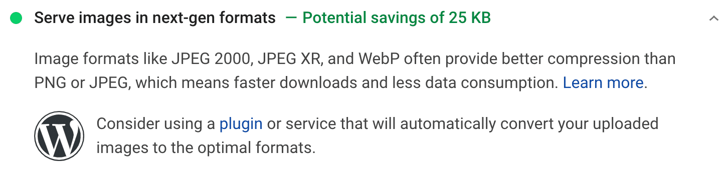 Recomendación de servir las imágenes en formatos de próxima generación