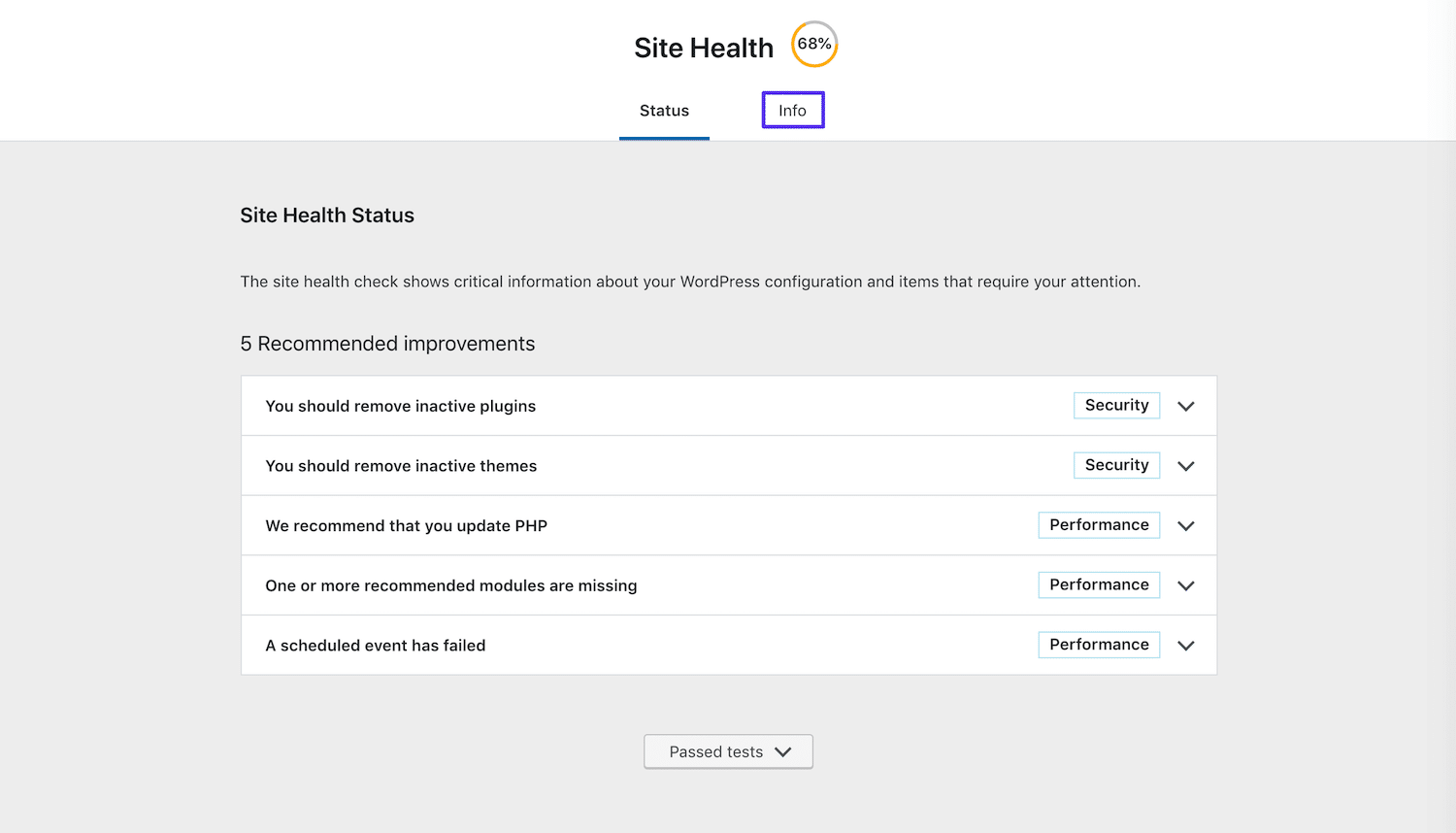 La herramienta de salud del sitio de WordPress