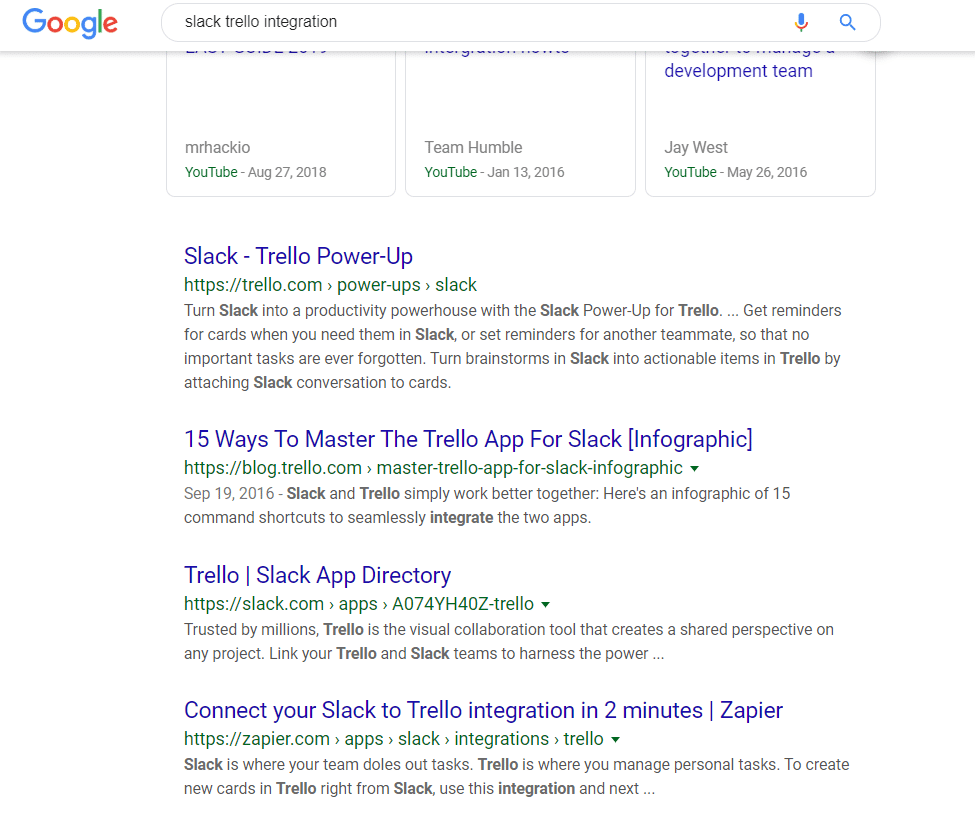 Las SERPs de Google para la "integración de Slack Trello"