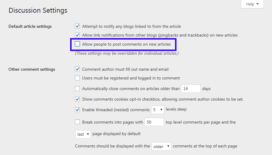 WordPress' Configuración de la discusión