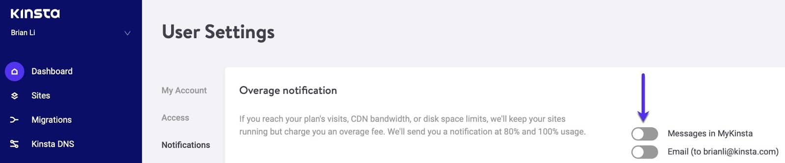 mykinsta notificación de excedentes