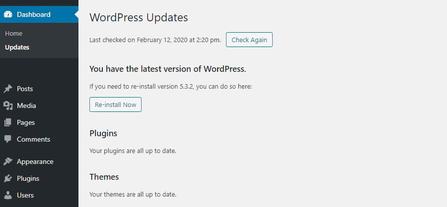 Pantalla de actualización de WordPress