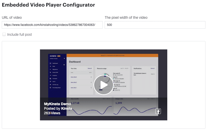 Configurador del reproductor de video de Facebook