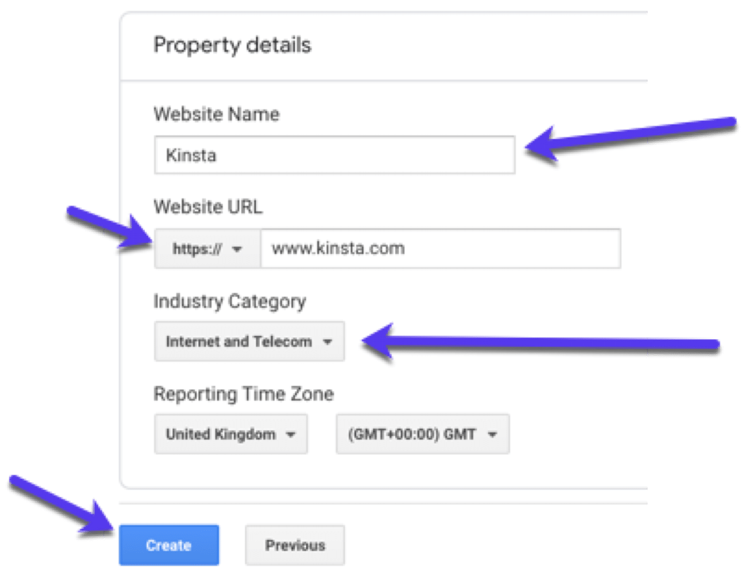 Detalles de la propiedad - añadir información sobre su sitio en Google Analytics