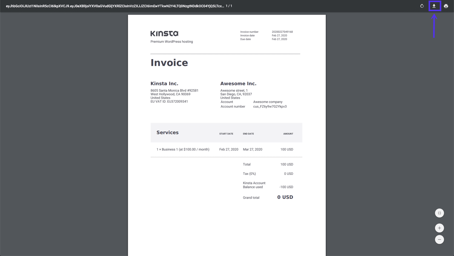 La factura de Kinsta como un archivo PDF