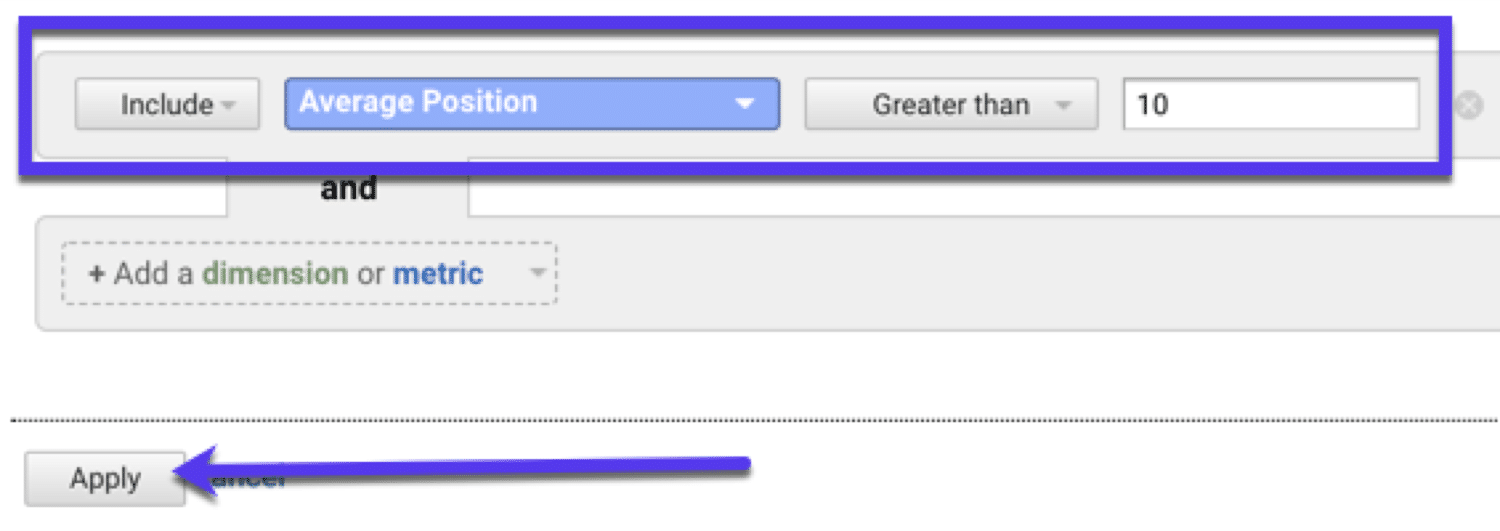 Filtro por 'Posición media' en Google Analytics para descubrir oportunidades de mejora