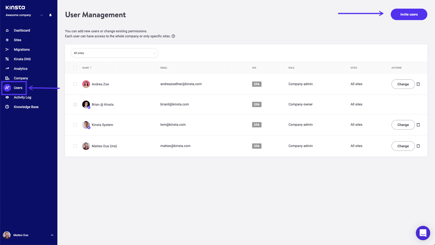 Invitar a los usuarios de MyKinsta