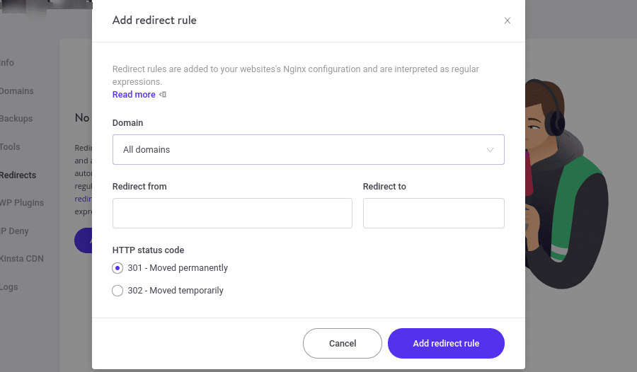 La pantalla "Añadir regla de redireccionamiento" en MyKinsta.