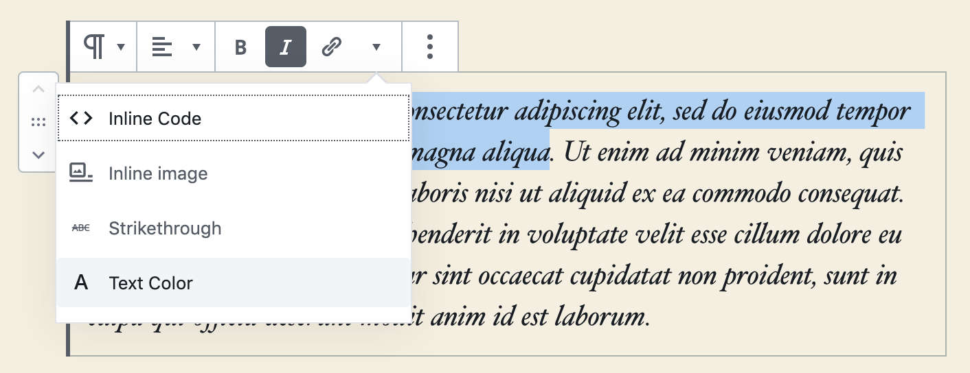 Opción de color de texto enriquecido