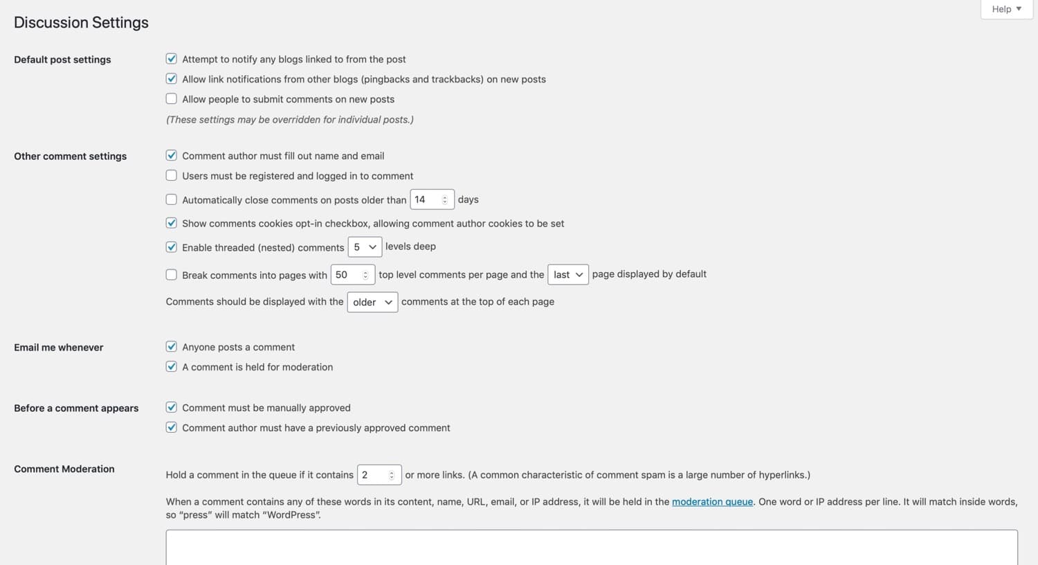 Pantalla de configuración de la discusión