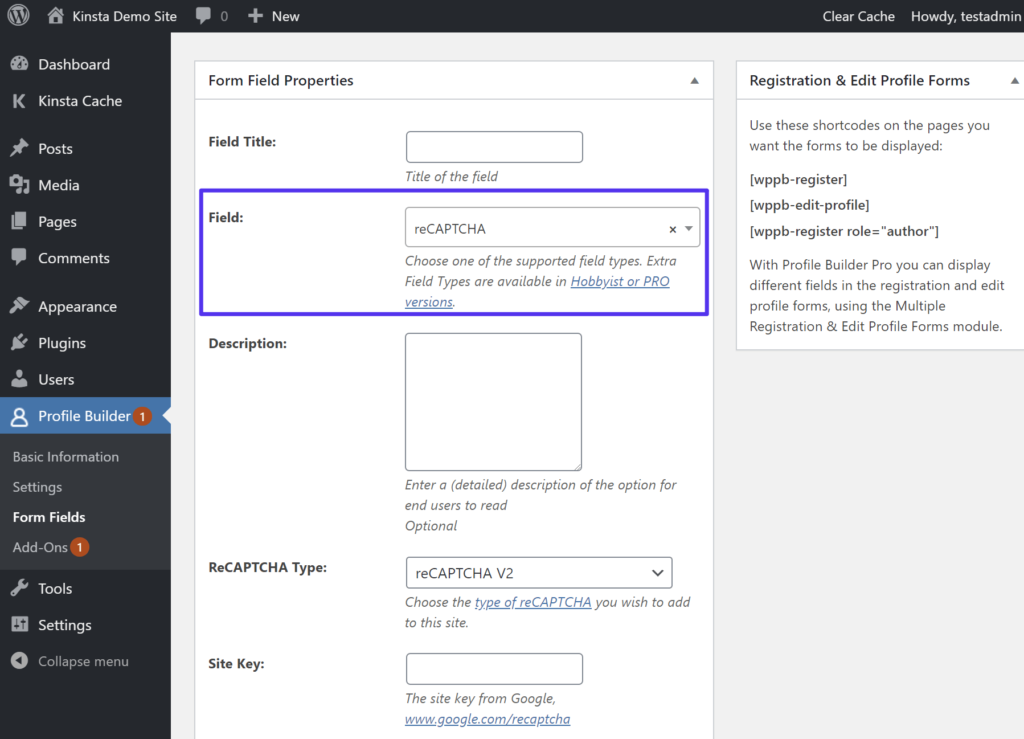 Añadiendo un campo CAPTCHA en el plugin Profile Builder