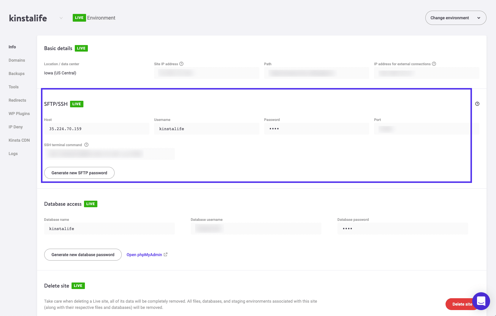 Credenciales de acceso en MyKinsta