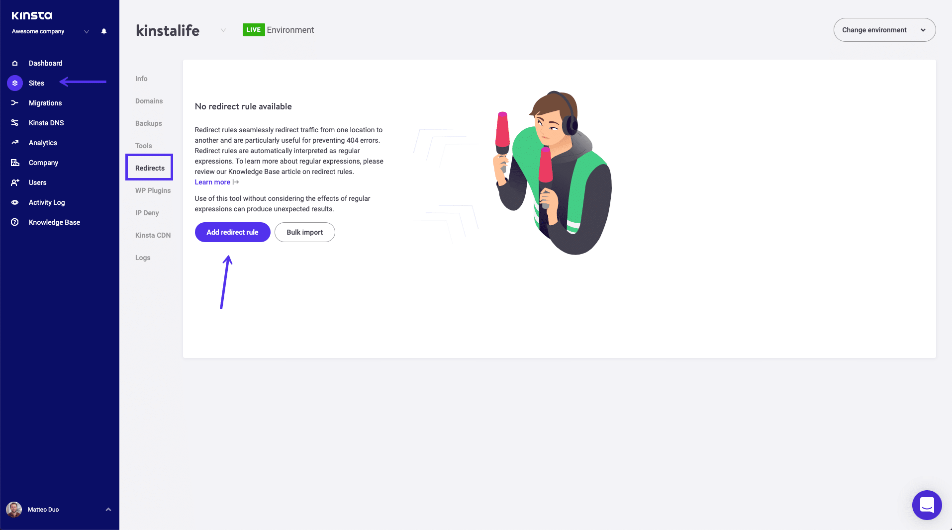 Añadiendo una regla de redireccionamiento en MyKinsta