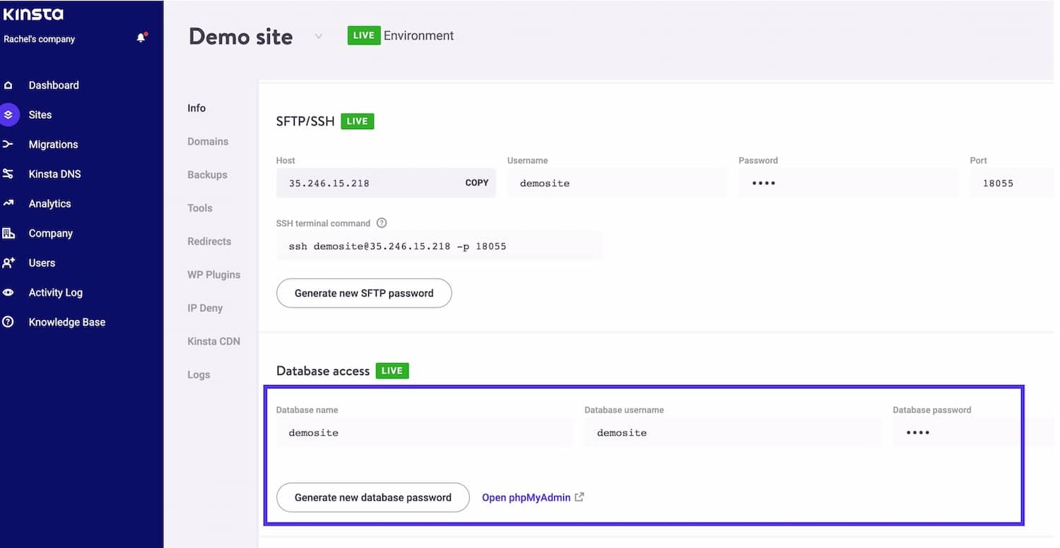 Accediendo a phpMyAdmin a través de MyKinsta