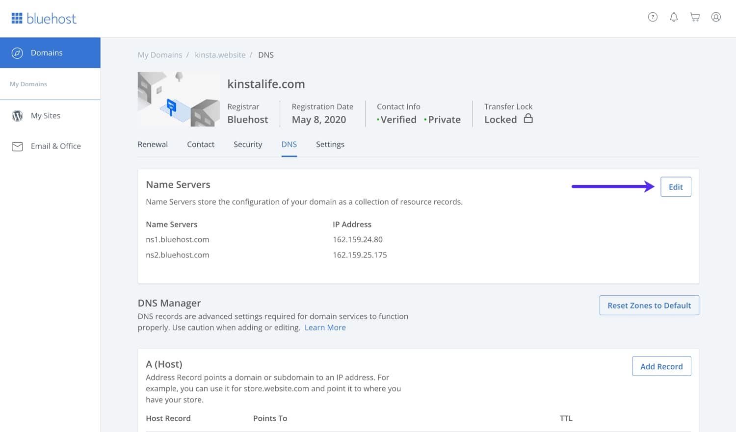 Tablero de administración del DNS de Bluehost.