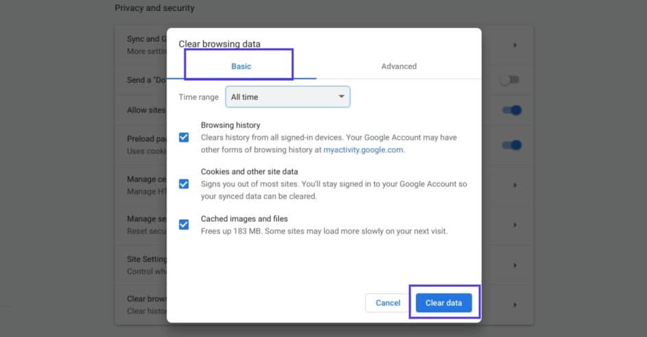 La "clear browsing data" clara en Chrome