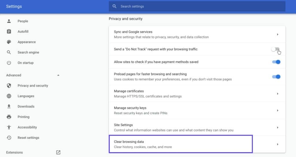 La sección "Clear browsing data" de Google Chrome