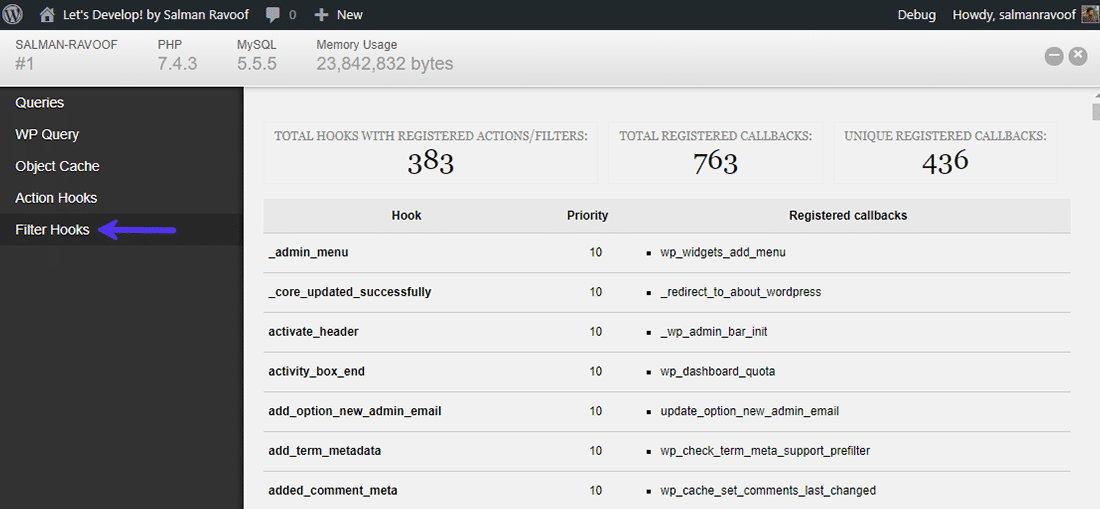 El plugin de Degug Bar con el Addon de Acciones y Filtros instalado