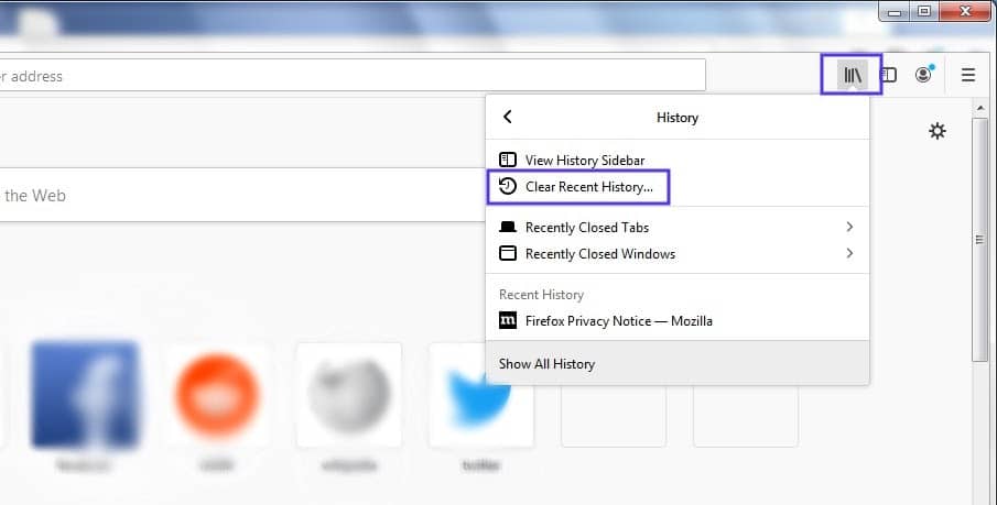 La opción "clear recent history" en la configuración de Firefox