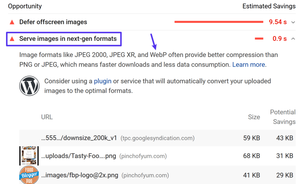 Google PageSpeed Insights sugiere usar imágenes de WebP