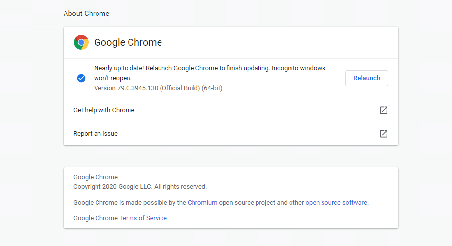 La página "Acerca de" del navegador Google Chrome