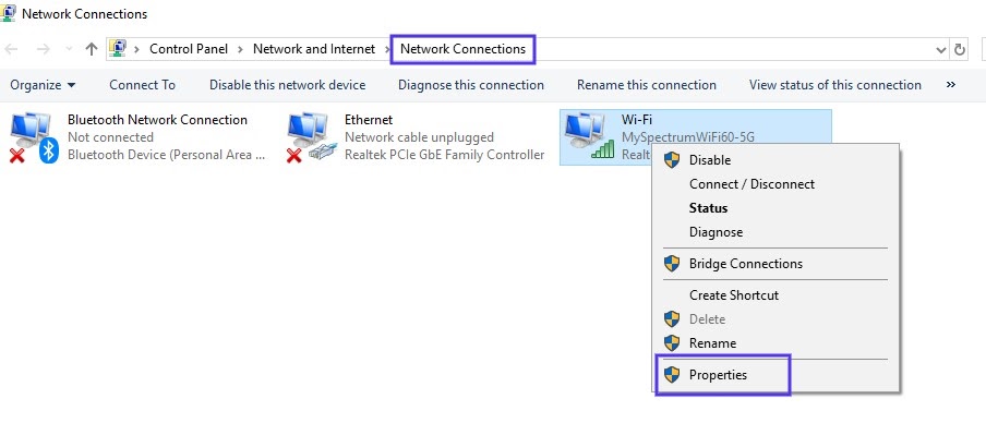 La página de configuración de Conexiones de red en Windows