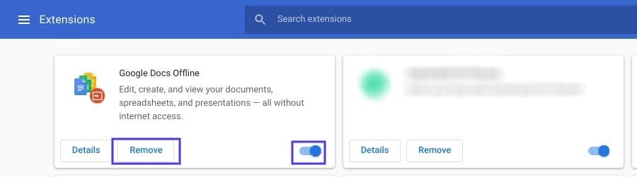 La página de Extensiones en Google Chrome