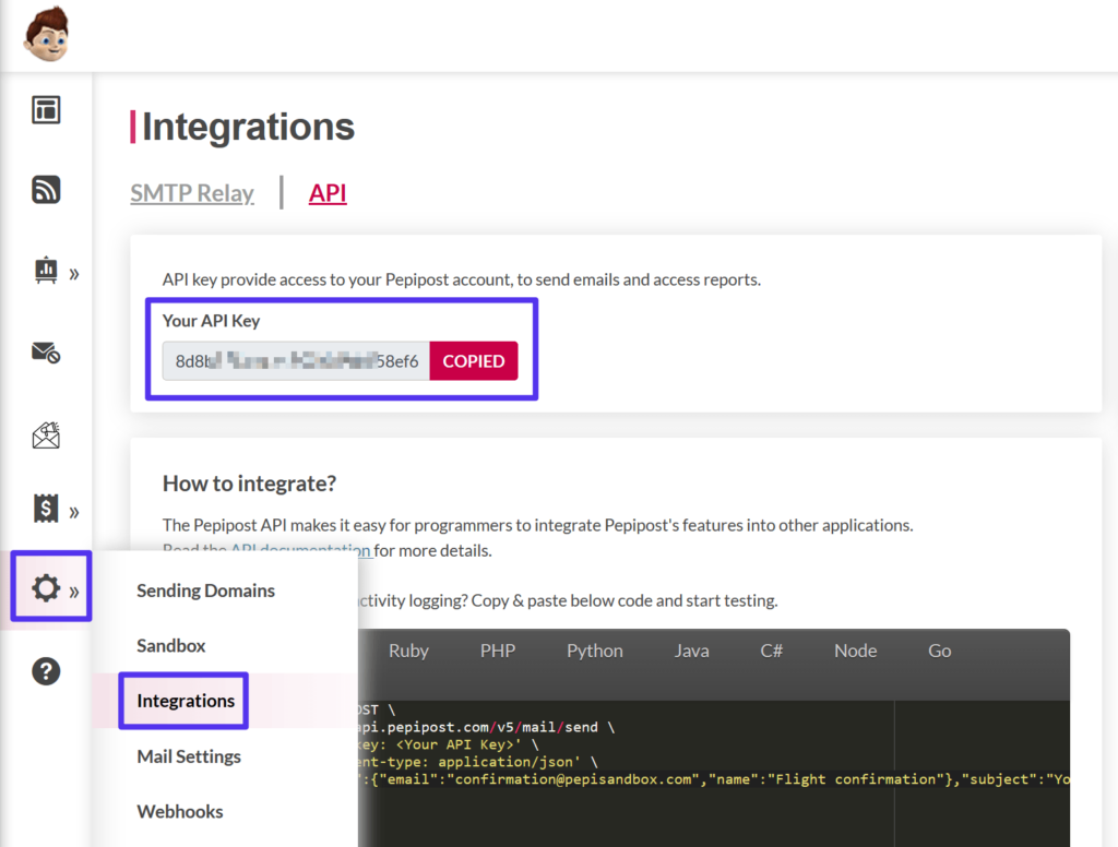 Acceder a la clave API de Pepipost