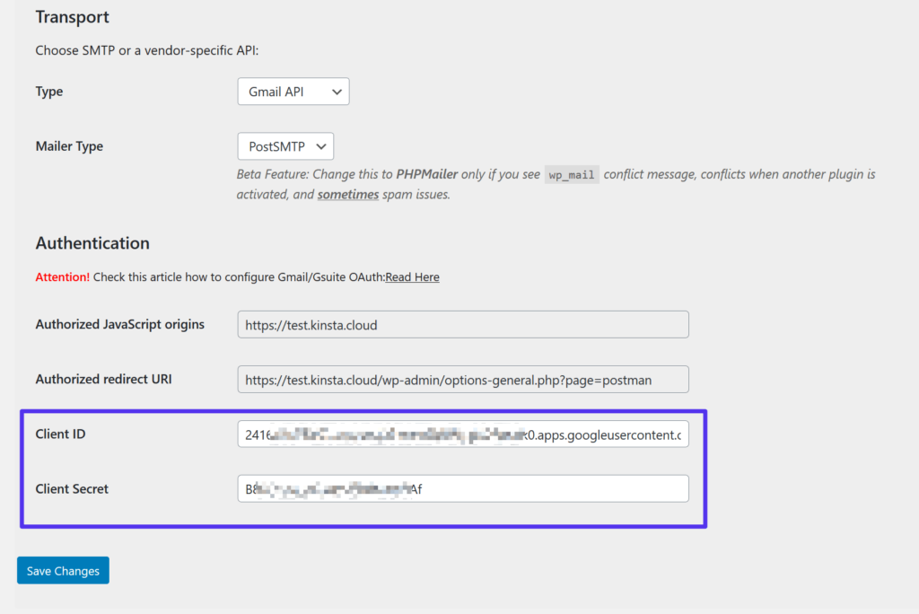 Añadir las identificaciones de cliente de la Gmail API a WordPress