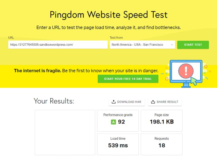 Captura de pantalla de la página de Prueba de Velocidad del Sitio Web de Pingdom.